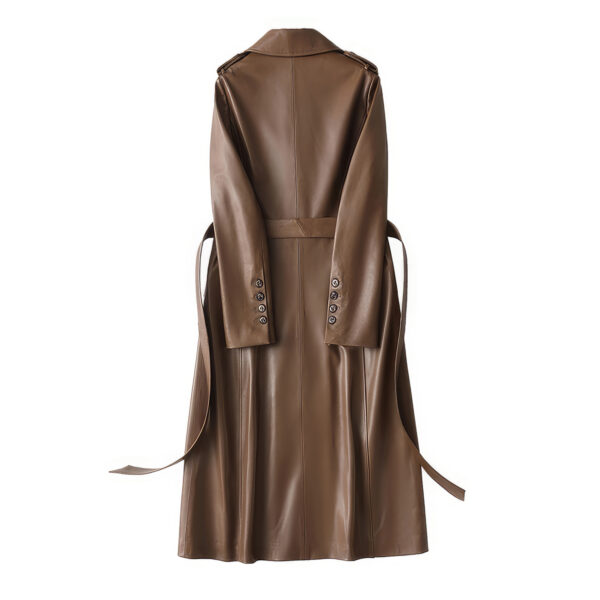 Genuine Sheepskin Belted Long Casual Leather Trench Coat - Image 2
