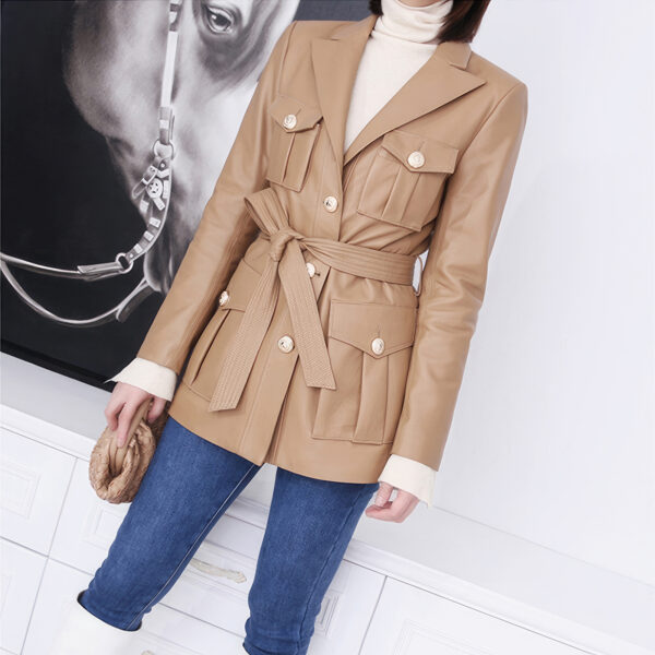 Genuine Sheepskin Single Breasted Multi-Pockets Belted biker Leather Jacket - Image 2