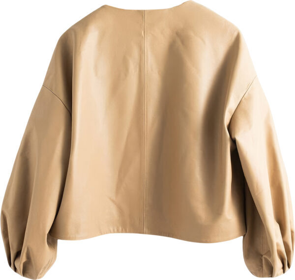 Fawn Genuine Sheepskin with Bubble Sleeves Leather Jacket - Image 2
