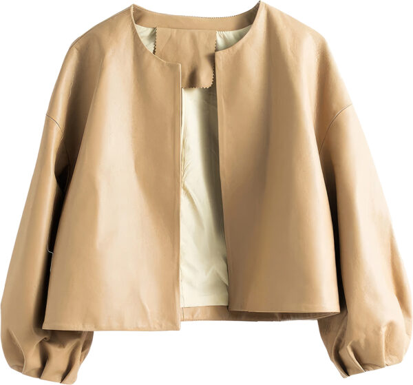 Fawn Genuine Sheepskin with Bubble Sleeves Leather Jacket