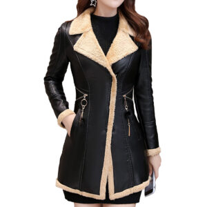 Genuine Sheepskin Lapel Collar Shearling Faux Fur Lined Trench Style Leather Coat Jacket
