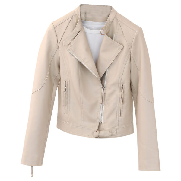 Genuine Sheepskin Round Neck Zip-Up Cafe Biker Asymmetric Leather Jacket