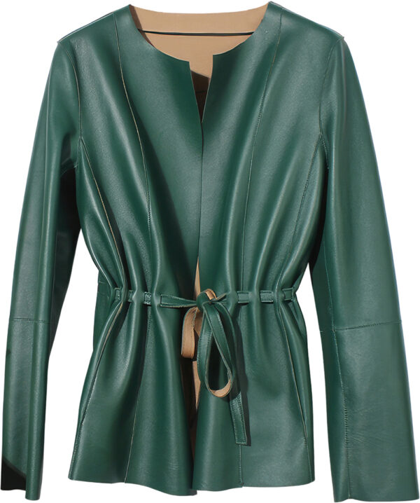 Genuine Sheepskin Round Neck European Pleated Simple Leather Coat