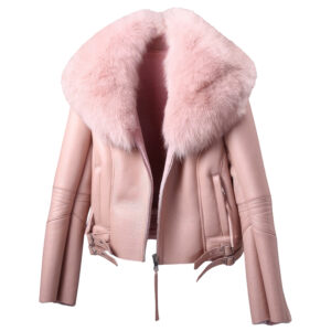 Genuine Sheepskin Shearling Faux Fur Collar Korean Leather Jacket