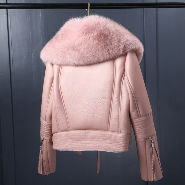 Genuine Sheepskin Shearling Faux Fur Collar Korean Leather Jacket - Image 2