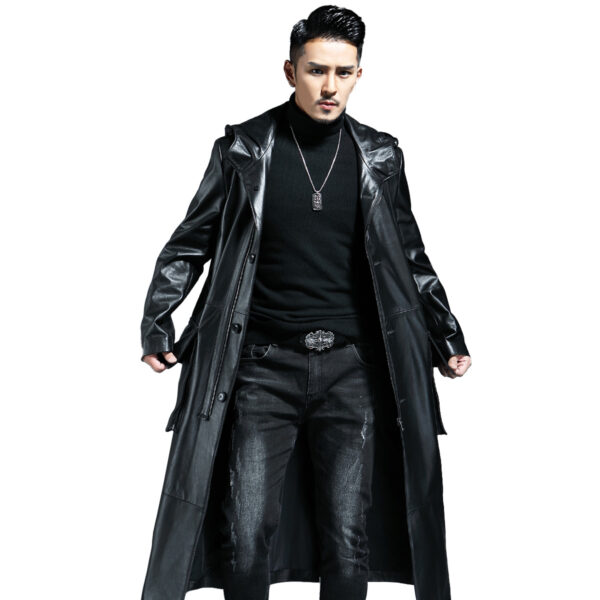 Zip Up WW2 Hooded Leather Duster Jacket - Image 3