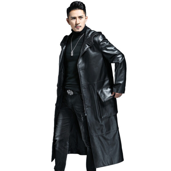 Zip Up WW2 Hooded Leather Duster Jacket - Image 4