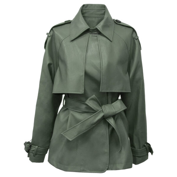 PU Faux Shirt Collar Chic Biker Belted Loose Leather Jacket