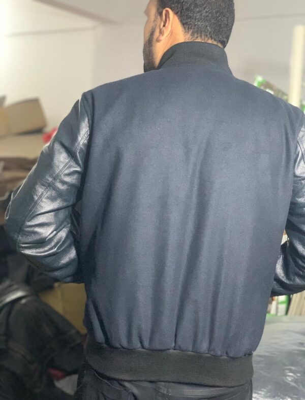 Dark Blue Classic Wool Jacket Leather Sleeves - Image 3