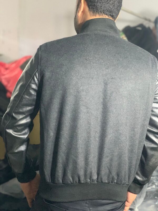 Black Classic Wool Jacket Leather Sleeves - Image 2