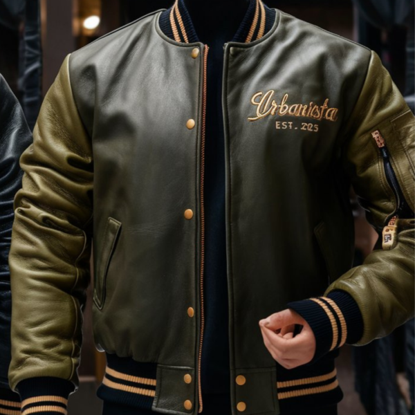 Urbanista Olive Gold Cityscape Leather Bomber Jacket