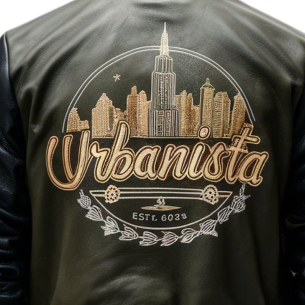 Urbanista Olive Gold Cityscape Leather Bomber Jacket - Image 2