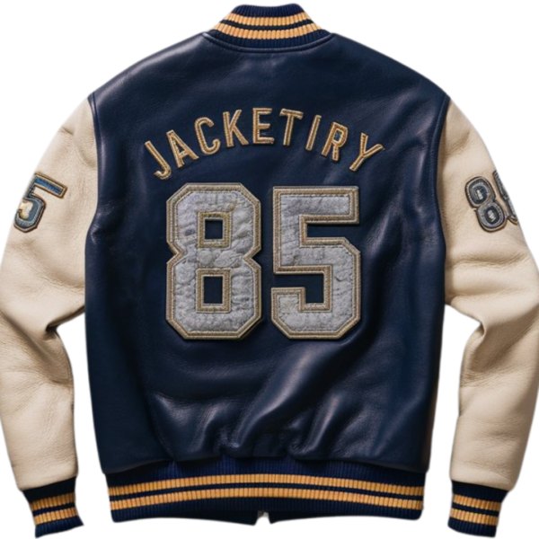 Jacketiry Navy Varsity Leather Bomber Jacket - Image 2