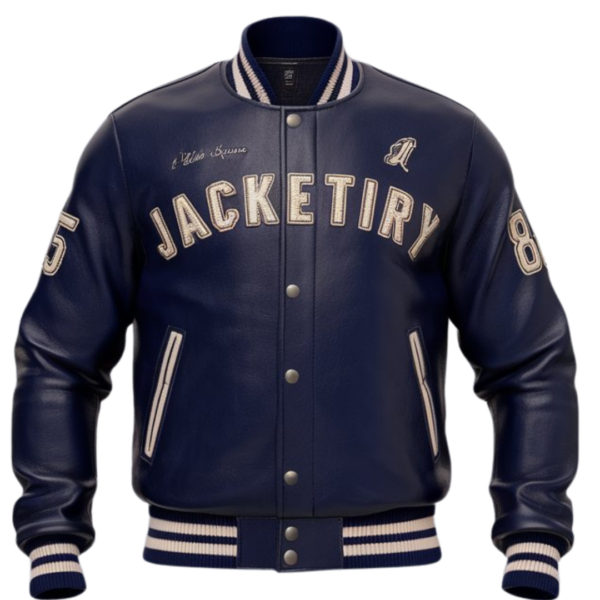 Jacketiry Navy Varsity Leather Bomber Jacket