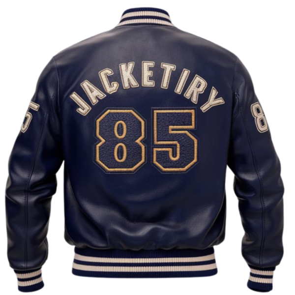 Jacketiry Navy Varsity Leather Bomber Jacket - Image 2
