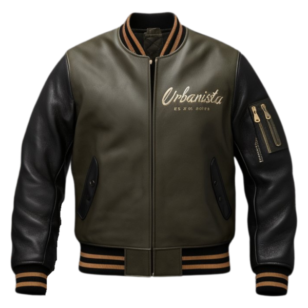 Urbanista Olive Gold Cityscape Leather Bomber Jacket