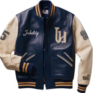 Custom Navy Varsity Leather Bomber Jacket — Personalize Name, Number, Color & Gender