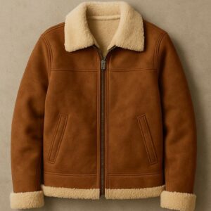 Unisex Shearling Sheepskin Jacket – Brown Faux Fur Lined Winter Coat with Fur Collar and Cuffs